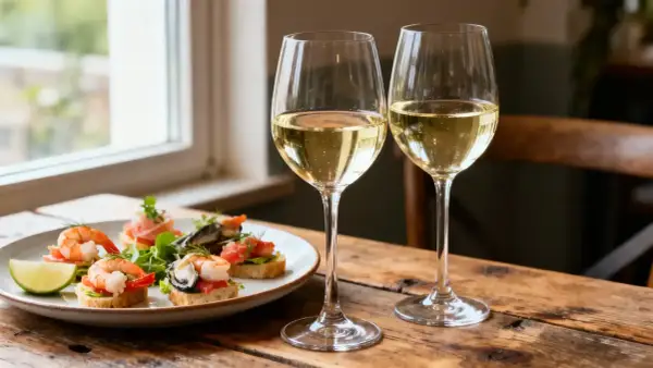 Deux verres de vin blanc pétillant, parfaits pour un apéro, accompagnent des toasts garnis de crevettes, saumon et moules.