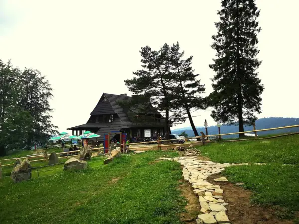 Kamienna ścieżka prowadzi do bacówki nad Wierchomlą. Wokół zielona trawa, drzewa i kamienie.