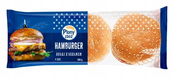 Opakowanie bułek do hamburgerów z sezamem, z widocznym gotowym burgerem i dwoma bułkami.