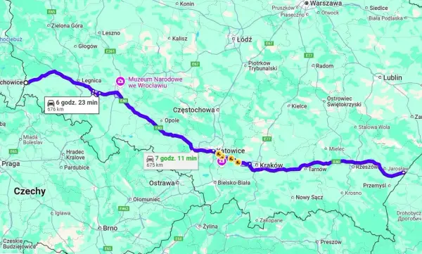 Trasa przez Polskę, od zachodu na wschód, pokazuje najdłuższą autostradę w Polsce. Widoczne miasta to Wrocław, Katowice, Kraków, Rzeszów.