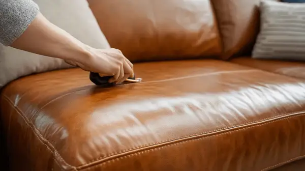 Hand reinigt ein braunes Ledersofa mit einem speziellen Werkzeug, um es wieder wie neu aussehen zu lassen.