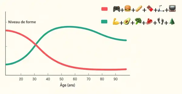 Courbes montrant le niveau de forme : une déclinante (junk food, sédentarité) et une ascendante (sport, alimentation saine), illustrant le fractionné après 60 ans.