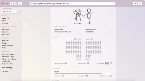 Strona z narzędziami do planowania ślubu. Widoczna jest lista zadań organizacja wesela, postęp prac i liczba gości.