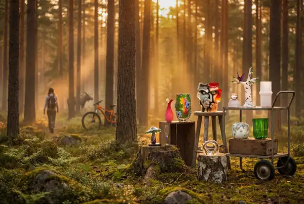 I en solbelyst skog, med en älg och cykel i bakgrunden, visas konstglas som en karta över Glasriket.