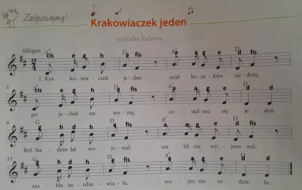 Nuty literowe na dzwonki chromatyczne do piosenki "Krakowiaczek jeden". Melodia ludowa z akordami.
