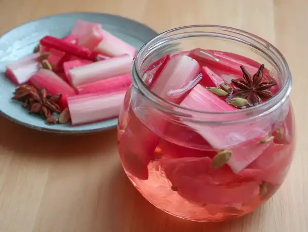 Rabarbersaft recept: färska rabarberbitar i en glasburk med kryddor som stjärnanis och kardemumma. En tallrik med rabarber och kryddor står bredvid.