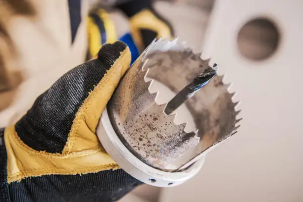 Rękawica ochronna trzyma otwornicę z wiertłem, gotową do wiercenia w metalu.