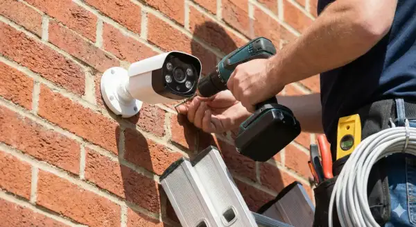 Installation d'une caméra de surveillance. Le **cctv signification** est la sécurité. Un technicien utilise une perceuse pour fixer la caméra sur un mur de briques.