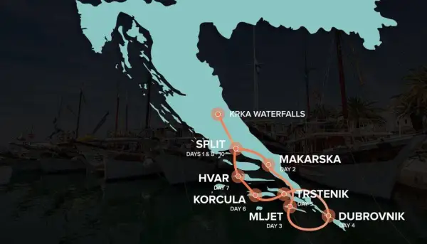 Route einer Kroatien Rundreise 10 Tage: Split, Krka Wasserfälle, Makarska, Trstenik, Mljet, Dubrovnik, Korcula, Hvar.