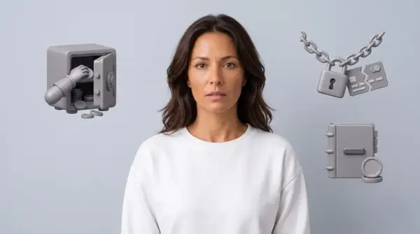 Une femme regarde l'objectif, entourée d'une main retirant des pièces d'un coffre-fort, d'une chaîne brisée avec un cadenas et des cartes de crédit, et d'un livre de comptes. Les frais sur satd sont évidents.