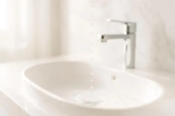 Gocce d'acqua cadono in un lavandino bianco, creando cerchi concentrici. Il rubinetto cromato è sfocato sullo sfondo. La doccia calda abbassa la pressione.