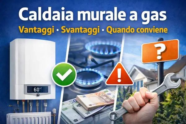 Caldaie a gas vietate? Valuta vantaggi, svantaggi e quando conviene. Immagine con caldaia, fornelli, soldi e chiave inglese.