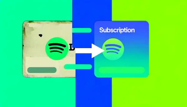 Stary plan Spotify przechodzi w nowy plan "Subscription" za pomocą białej strzałki.