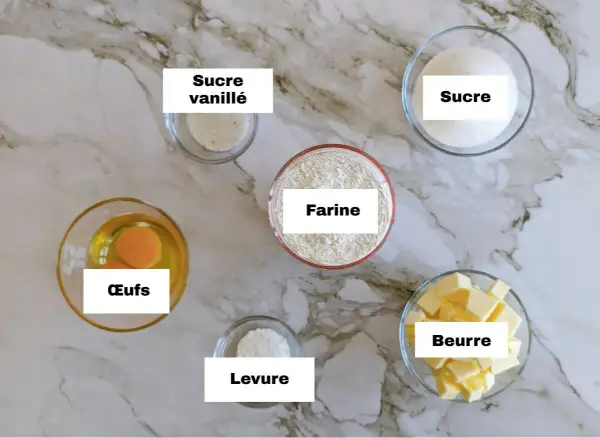 Ingrédients pour une délicieuse pâte sablée : farine, sucre, beurre, œufs, levure et sucre vanillé.