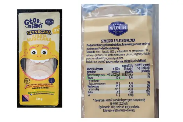Opakowanie szyneczki z fileta kurczaka, zawiera plastry serdelków. Produkt bezglutenowy, niska zawartość tłuszczu.