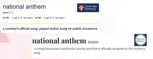Definicje "national anthem" z Cambridge Dictionary i Merriam-Webster. Hymn narodowy, pieśń kraju, której nie zastąpi ciebie nikt tekst.