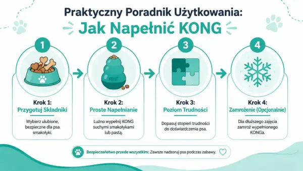 Jak używać KONG dla psa: 1. Przygotuj smakołyki. 2. Luźno wypełnij zabawkę. 3. Dopasuj trudność. 4. Opcjonalnie zamroź.