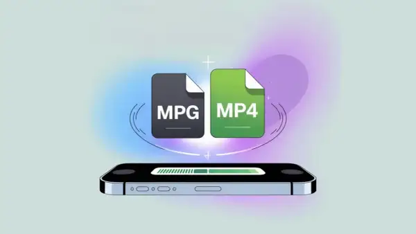 MPG vs MP4 file icons hover over a smartphone, suggesting conversion or transfer.