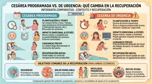 Infografía compara cesárea programada y de urgencia, destacando planificación, impacto emocional y recuperación. La cesárea programada ofrece más preparación.
