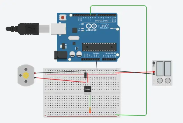 Układ Arduino z silnikiem, tranzystorem MOSFET i zasilaczem. Może wystąpić problem, gdy temperatura mosfet za duża.