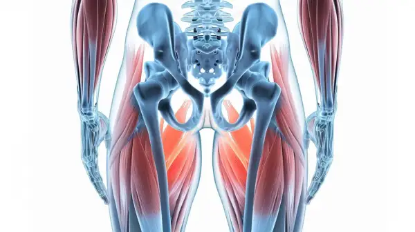 Anatomia miednicy i ud z uwydatnionymi mięśniami. Ilustracja pokazuje, jak ćwiczenia mięśni Kegla u mężczyzn wpływają na te partie ciała.