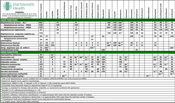 Tabela z danymi o wrażliwości bakterii na antybiotyki, w tym na **syntarpen** (nieobecny w tabeli, ale sugerujący potrzebę analizy lekooporności).