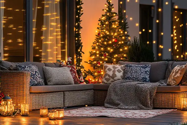 Un angolo accogliente per scoprire come addobbare fuori casa per Natale: divano, albero illuminato, lanterne e luci soffuse creano un'atmosfera magica.