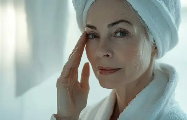 Donna con asciugamano in testa e accappatoio, si tocca il viso. Scopri come struccarsi senza struccante per una pelle radiosa.
