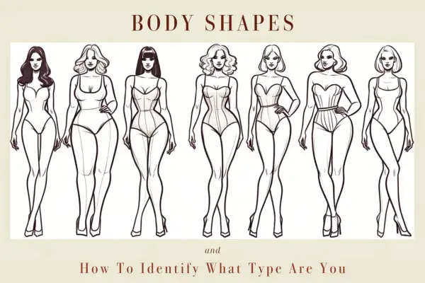 Illustrazione di sette figure femminili stilizzate che mostrano diversi tipi di fisico, con l'obiettivo di aiutare a identificare la propria forma corporea.