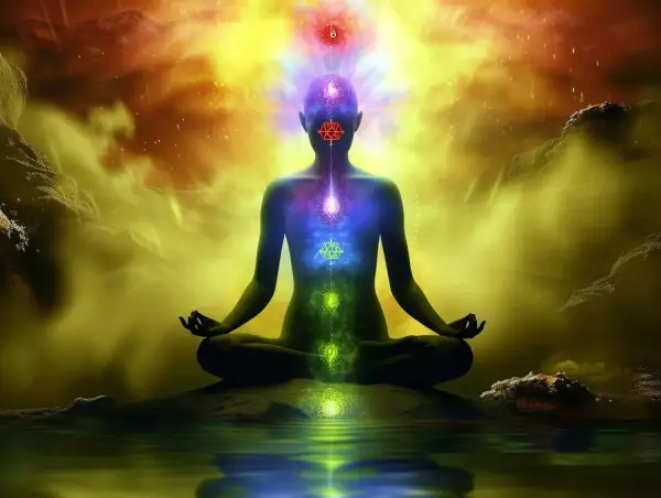 Sylwetka w pozie medytacyjnej, z rozświetlonymi czakrami i energią kundalini unoszącą się ku górze.
