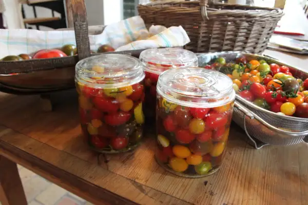 Burkar med inlagda tomater i olika färger. En korg med färska tomater syns i bakgrunden.