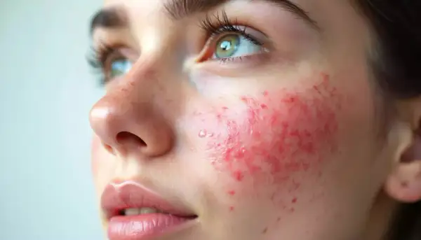 Gros plan sur le visage d'une jeune femme aux yeux verts, montrant une rougeur et des boutons sur la joue. Des conseils pour comment soigner une irritation cutanée sont recherchés.