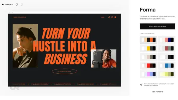Forma Collective's website template, a great option for the best website for musicians, features bold text and modern imagery.