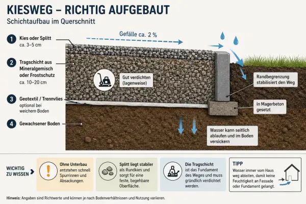 Querschnitt eines Kieswegs: Schichtenaufbau für ein stabiles Kiesweg anlegen. Kies, Tragschicht, Geotextil und Boden sind verdichtet.