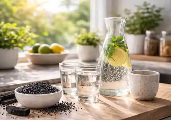 En skål med kolfilter-granulat bredvid glas med vatten och en karaff med citronvatten.