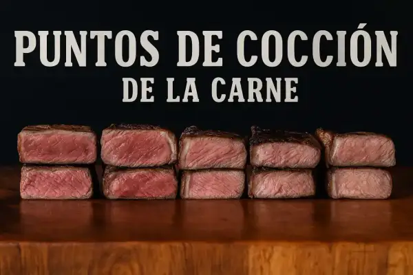 Cinco cortes de vacuno que es, apilados en dos filas, mostrando diferentes puntos de cocción.