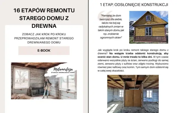 Remont starego drewnianego domu: odsłonięcie konstrukcji. Wnętrze domu z widocznymi belkami stropowymi i ścianami.