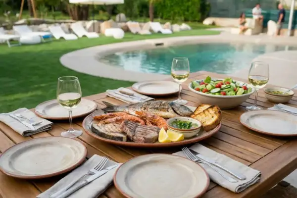 Una deliziosa grigliata di pesce con gamberi, tonno e orata, accompagnata da pane tostato, insalata e vino bianco, pronta per essere gustata a bordo piscina.