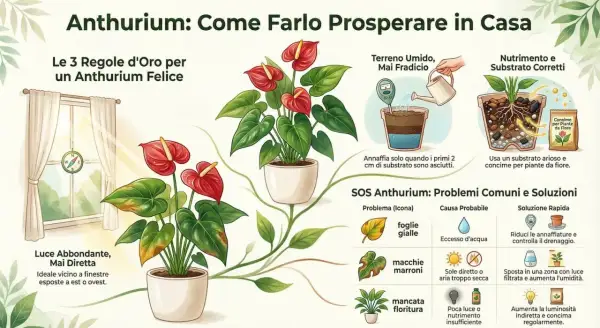 Guida su come coltivare l'Anthurium in casa: luce, acqua e substrato ideali per una pianta rigogliosa.