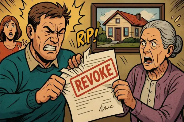 Famiglia in lite strappa un documento con la scritta "REVOKE", forse una revocatoria vendita tra parenti. Sullo sfondo, un quadro con una casa.