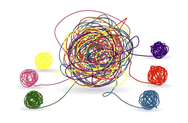 Un groviglio di fili colorati rappresenta la complessità della mente. Chi va dallo psicologo cerca di districare i propri pensieri, uno alla volta, per ritrovare serenità.