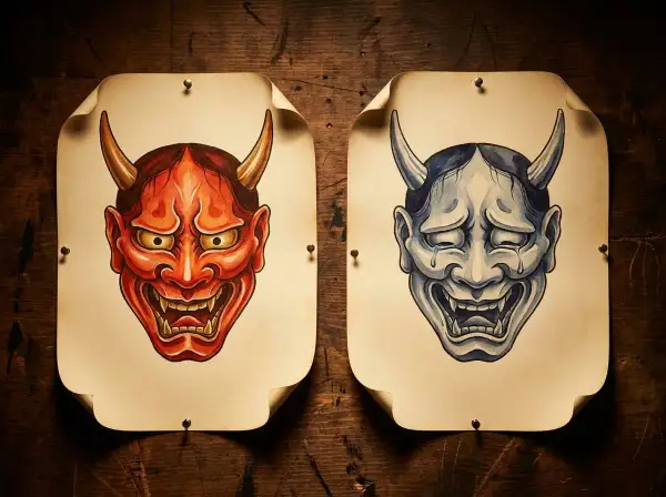 Dwie maski Hannya, czerwona i niebieska, wiszą na drewnianej ścianie. Ich znaczenie jest głębokie, symbolizując gniew i smutek.