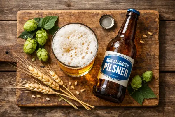 Ein Glas und eine Flasche alkoholfreies Pils auf einem Holzbrett, garniert mit Hopfen und Gerste. Alkoholfreies Bier gesund genießen.