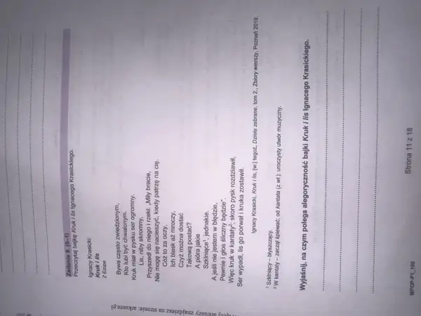 Tekst bajki Ignacego Krasickiego "Kruk i lis". Zadanie 9.