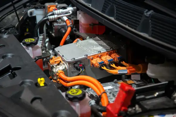 Componentes de un coche eléctrico, listos para cambiar la centralita. Cables naranjas y conectores naranjas y negros.