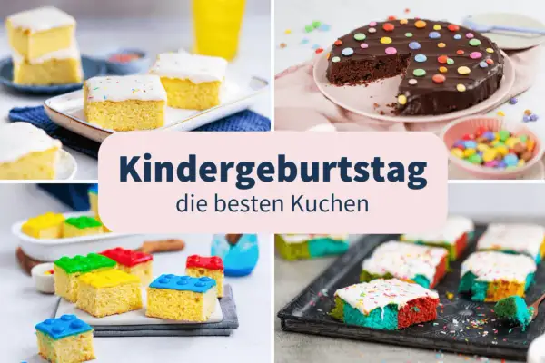 Bunte Kuchen für Kindergeburtstage: Kleine, bunte Kuchenstücke und ein Schokoladenkuchen mit bunten Smarties.