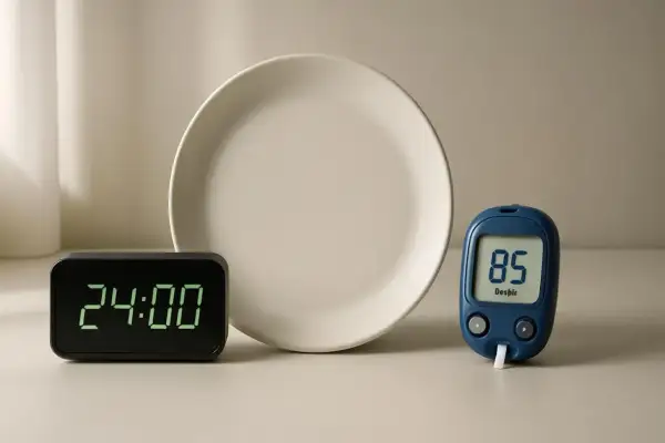 Orologio digitale segna 24:00, piatto vuoto e glucometro con 85. Simboli di un digiuno 24 ore e controllo glicemia.