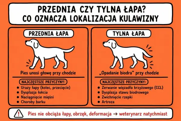 Pies kuleje, ale biega. Ilustracja pokazuje różnice w postawie psa przy kulawiźnie przedniej i tylnej łapy, podając przyczyny.