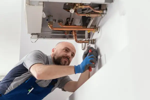Un tecnico con guanti blu lavora su una caldaia, cercando di capire perché la caldaia perde pressione ma non ci sono perdite visibili.