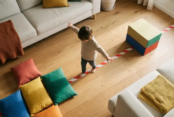 Kleines Kind balanciert auf roter-weißer Linie, ein tolles Beispiel für Koordinationsspiele für Kinder. Bunte Kissen und Bausteine laden zum Spielen ein.